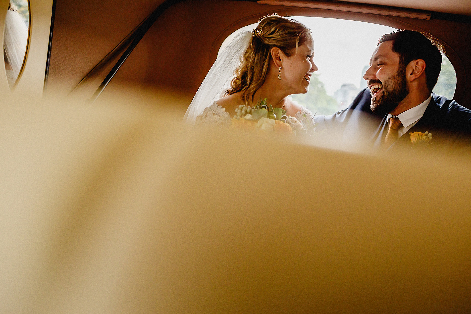 in the car driving to the reception